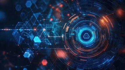 Obraz premium Abstract digital background with glowing circles and futuristic elements in a blue and orange color scheme