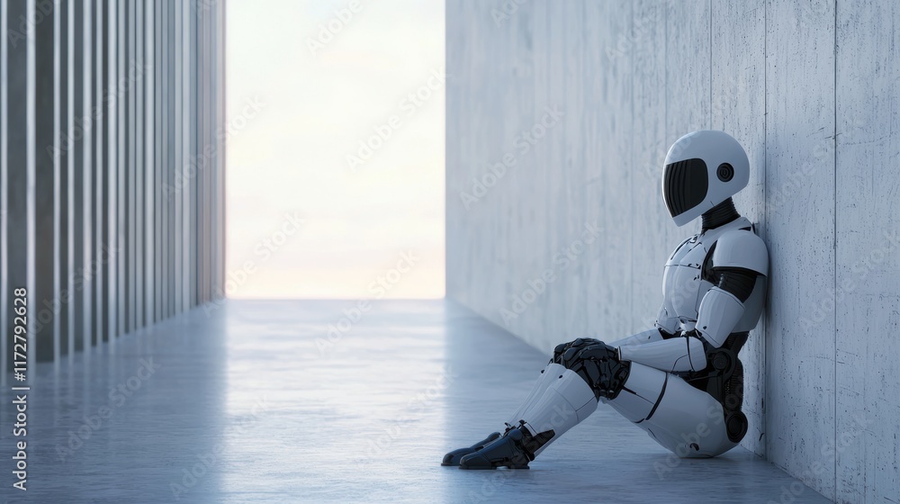 Poster Robot Sitting Alone in Modern Architectural Space with Soft Light