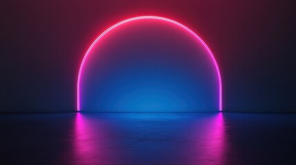 Abstract neon arch in vibrant colors illuminated against a dark background