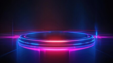 Futuristic glowing circular platform with vibrant neon lights in a dark space