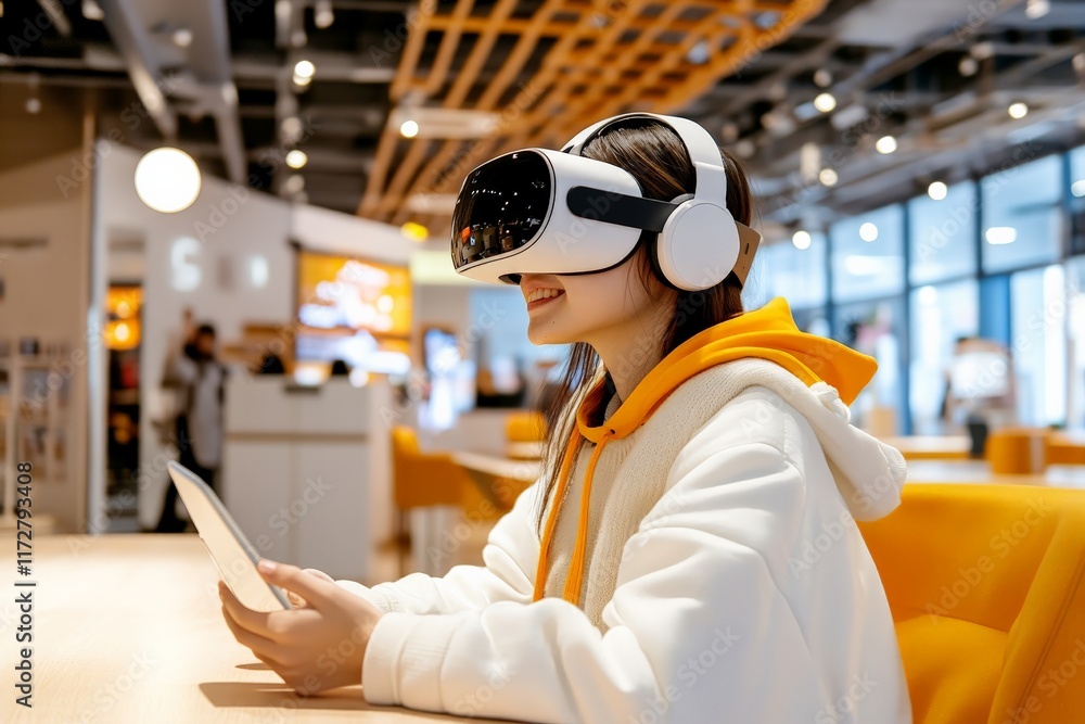 Poster engaging in virtual reality at a modern tech space in a vibrant café setting