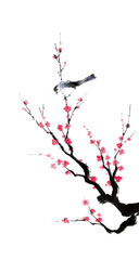 梅と鳥の手描き水墨画（淡彩・透明）