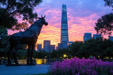 Naklejka premium Sunset cityscape with a majestic ox statue in the foreground. Serene urban landscape.