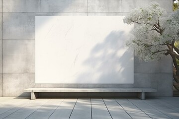 Obraz premium White empty frame mockup hanging on a concrete wall in a garden with trees and bench, perfect for showcasing artwork or designs