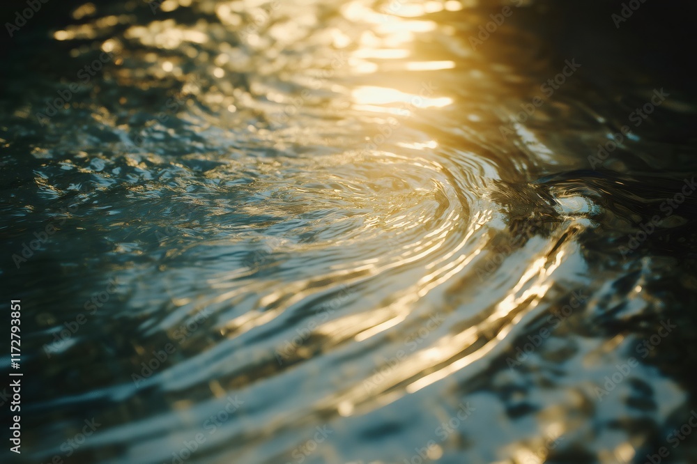 Poster golden light reflecting on gently moving water surface with expanding circular ripples, creating a s