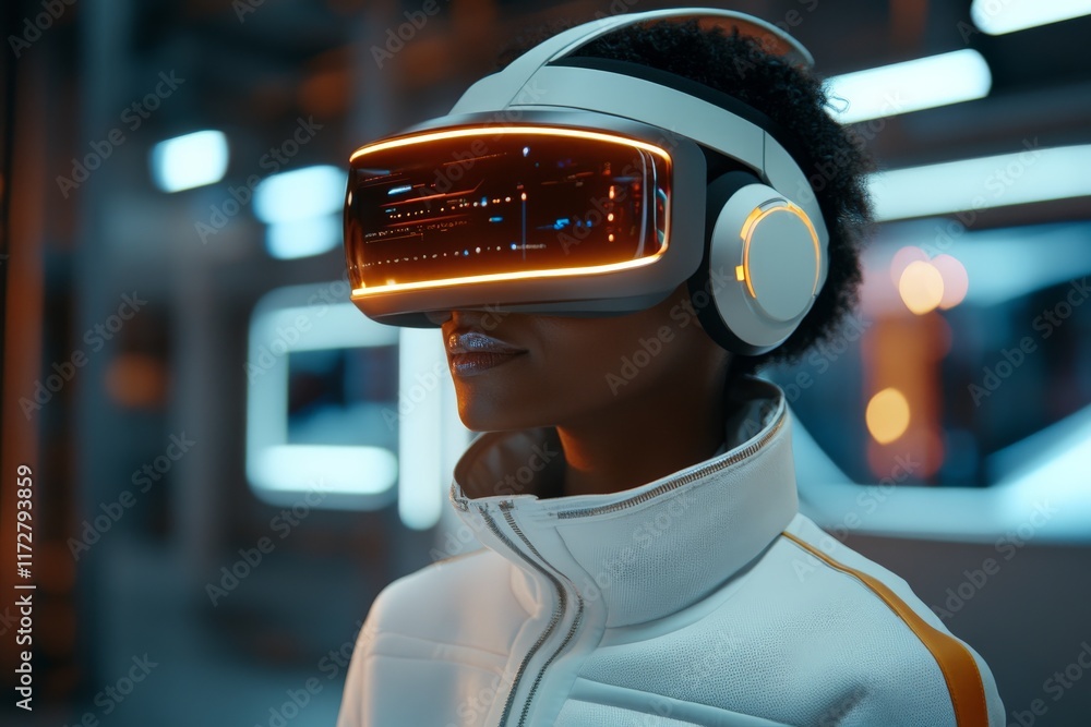 Poster exploring virtual reality technology in a futuristic setting with high-tech gear and immersive visua