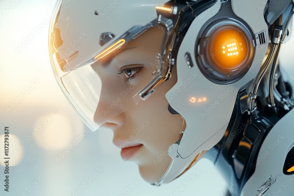 Poster futuristic humanoid robot with advanced technology and intricate design in a high-tech environment
