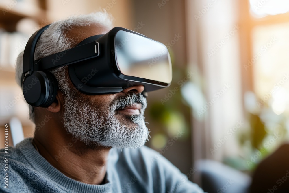Poster man engages in virtual reality experience while sitting indoors with natural light filtering through