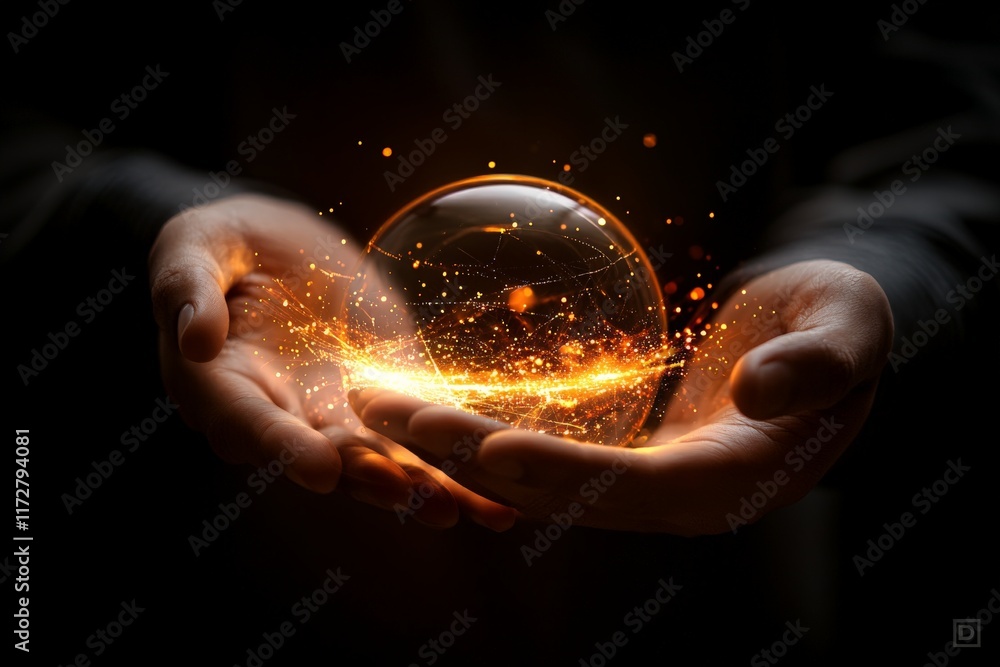 Poster hands hold a glowing orb of light surrounded by swirling sparks in a dark setting