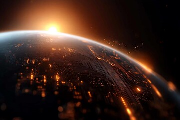 Sunrise over a digital landscape with glowing circuitry and vibrant energy