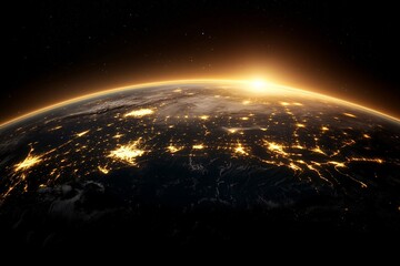 View of Earth from space at dawn showcasing illuminated cities and natural landscapes during sunrise