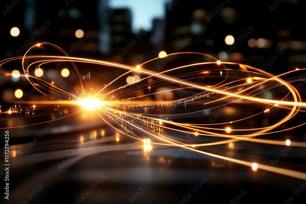 Poster dynamic light trails create an energetic atmosphere in an urban setting during twilight