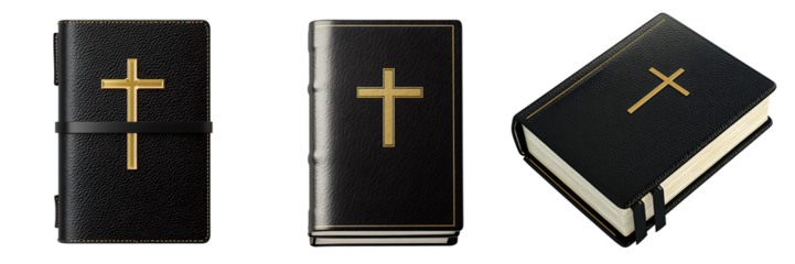 Set of a black leather-bound Bible with a golden cross, isolated on a transparent background.