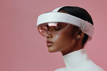 Futuristic technology showcased on a model wearing advanced smart glasses against a pink background