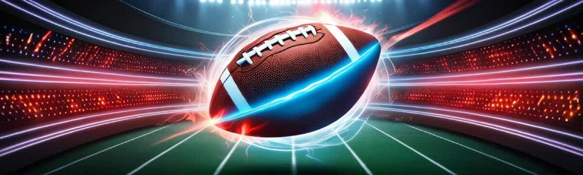 American football with neon red blue energy in a futuristic stadium. Copy space for text competition banner