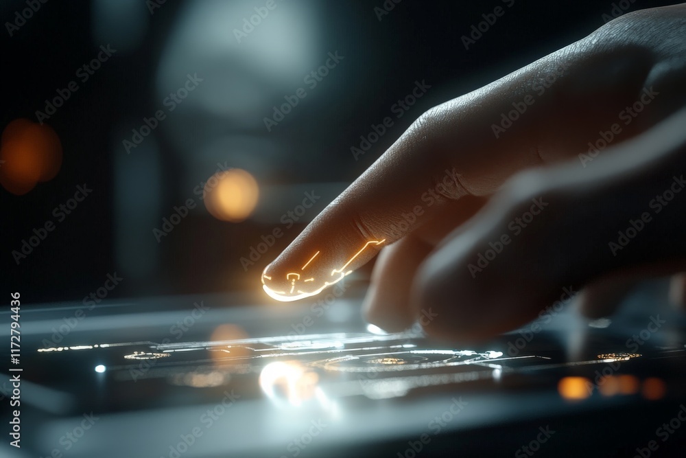Aufkleber user interacting with futuristic touchscreen interface at night highlighting advanced technology fea