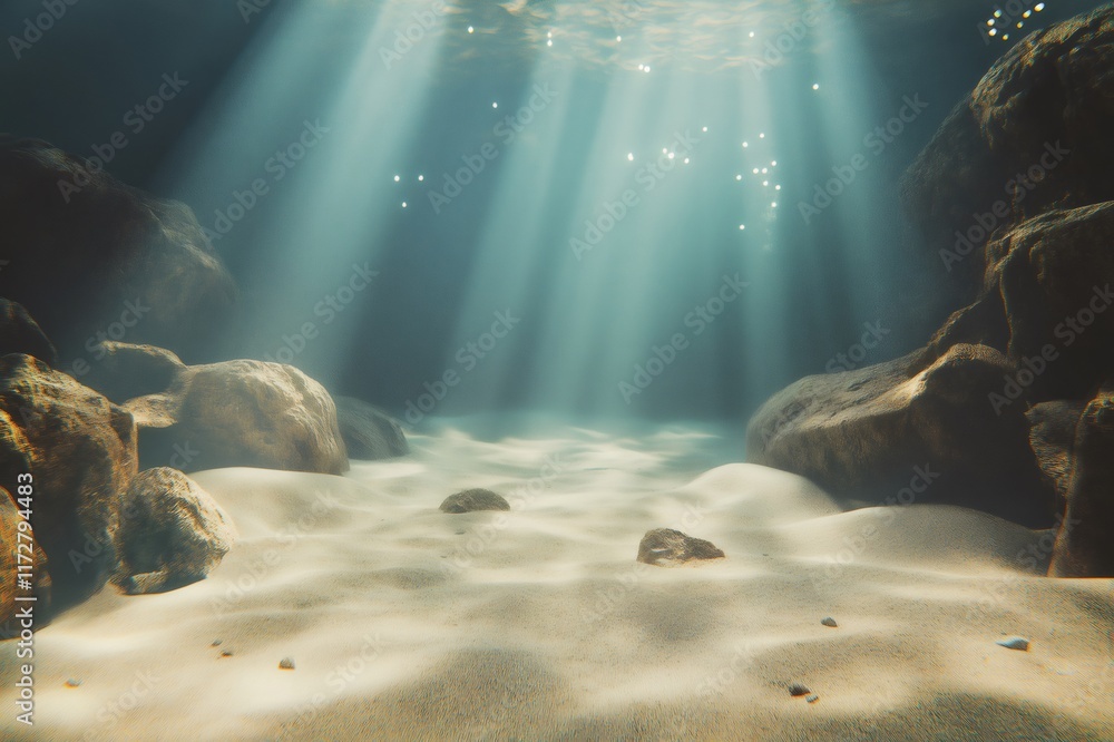 Poster sunbeams filtering through the water illuminate the sandy bottom of a pristine lagoon, creating a tr