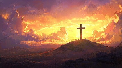 Majestic Cross Standing on a Hilltop with Radiant Sunrise and Vibrant Sky