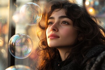Fototapeta premium Young woman gazes thoughtfully at colorful soap bubbles in a sunlit indoor setting during the afternoon