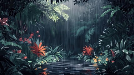 Lush rainforest landscape with vibrant flowers and gentle rain in a tropical setting