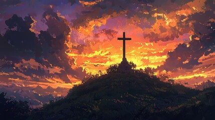Majestic Cross Standing on a Hilltop with Radiant Sunrise and Vibrant Sky