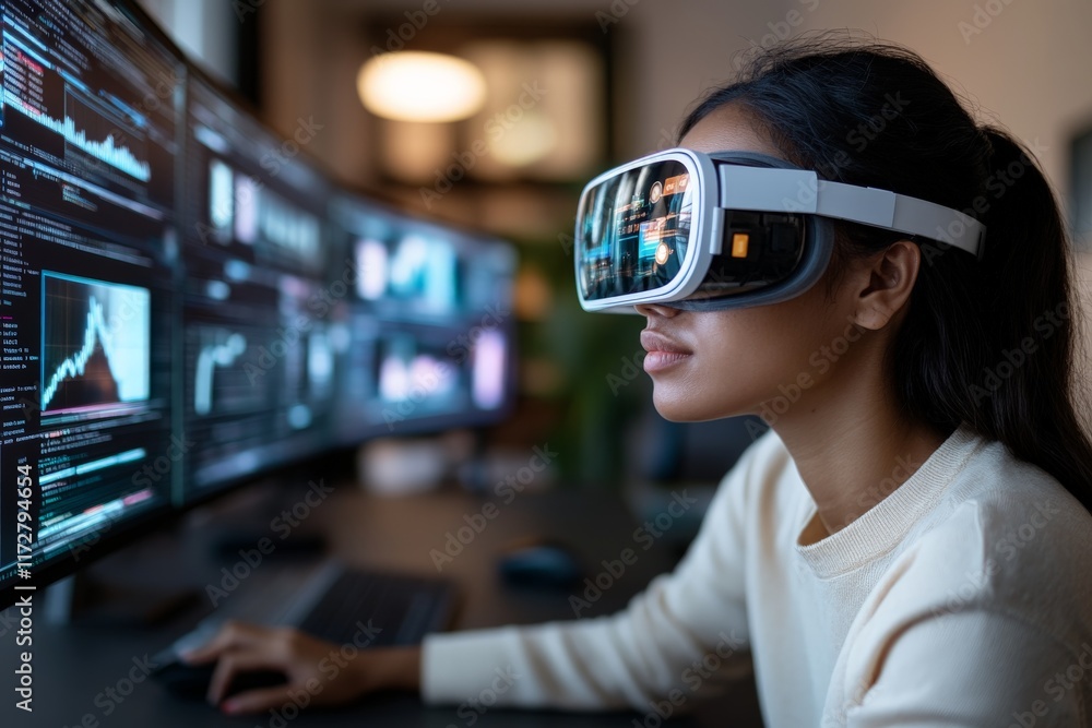 Poster woman engages with virtual reality headset while analyzing data on multiple screens in a modern work
