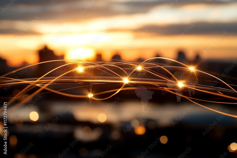Poster sunset view over a city skyline with illuminated network connections symbolizing global communicatio