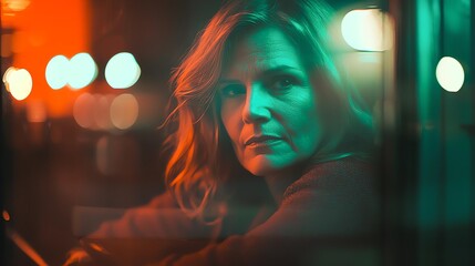 A woman gazes thoughtfully out of a window, illuminated by colorful city lights.