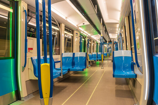 Montreal, Quebec, Canada - August 20 2021 : Inside the Montreal metro empty subway car.