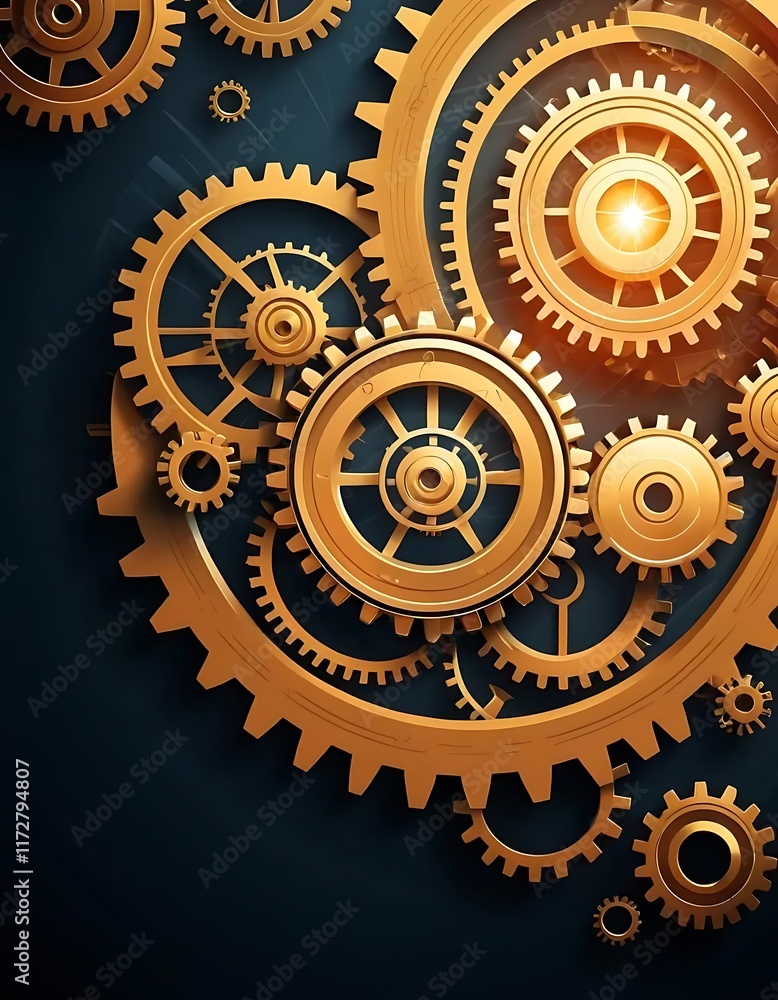 Poster golden gears interlocking in complex mechanical design
