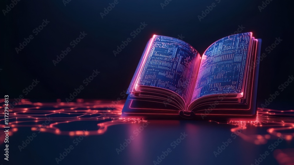 Poster a glowing, digital book with illuminated pages sits on a dark surface, surrounded by a network of li