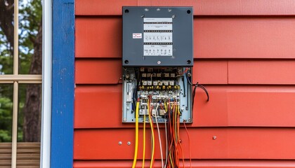 Open electrical panel showing colorful wires hanging on red siding