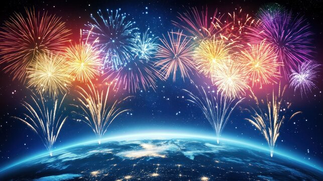 Colorful fireworks explode over a planet Earth at night.