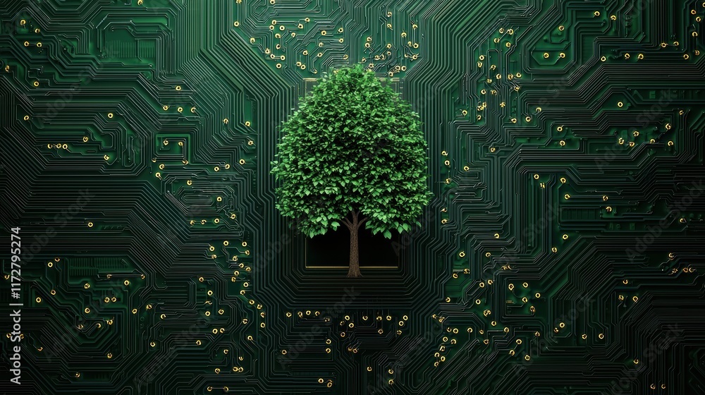 Poster tree on circuit board representing nature and technology connection