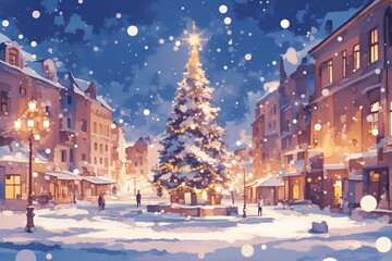 Fototapeta premium Christmas tree illuminating snowy town square at night