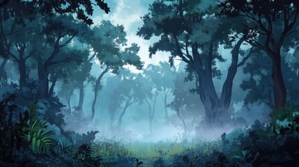Fototapeta premium Mysterious forest landscape shrouded in fog during early morning hours