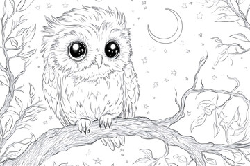 Fototapeta premium Adorable owl with big eyes sitting on a tree branch under the moon and stars, a beautiful illustration designed as a coloring page