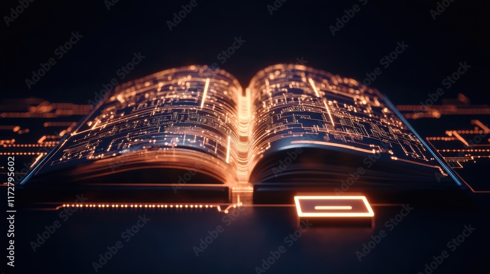 Poster a glowing open book with digital circuitry patterns, representing the fusion of literature and techn