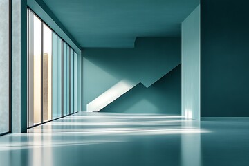 Obraz premium Modern teal room with large window and geometric wall.