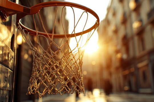 Sunset basketball hoop in urban setting creates vibrant atmosphere for evening games