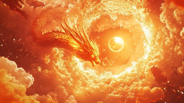 Fiery dragon swirling amidst celestial clouds.