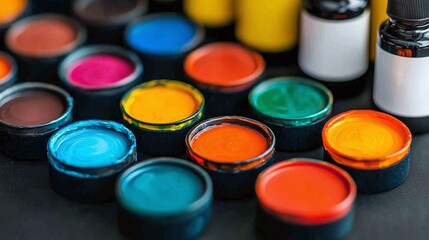 Vibrant collection of paint pots and bottles.