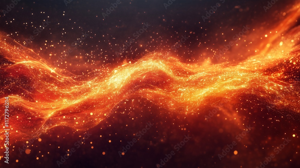 Poster fiery abstract background resembling flowing lava with sparks and particles