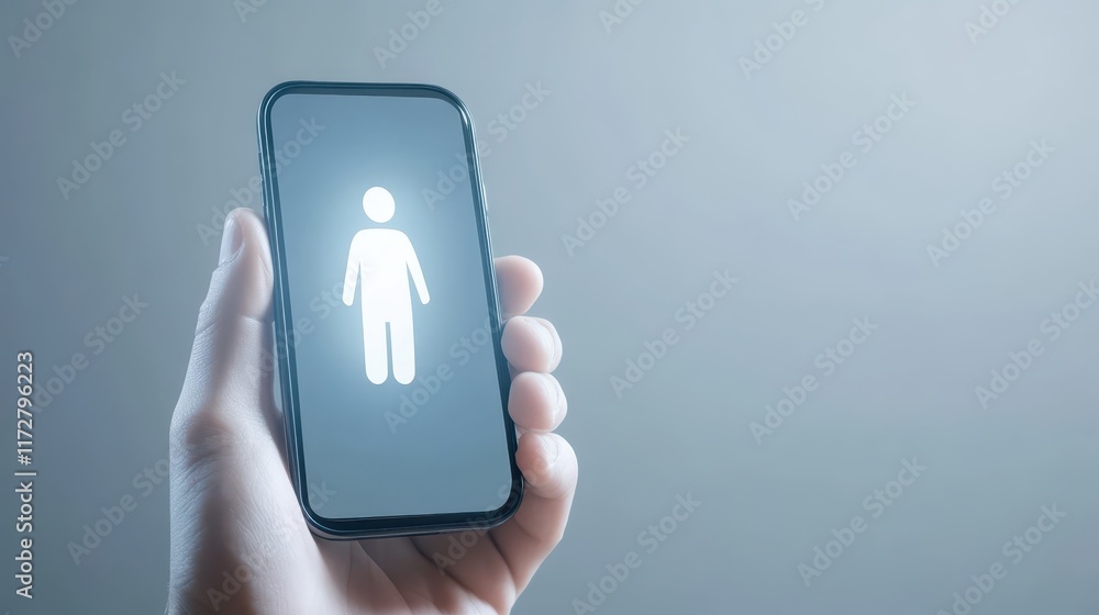Poster man using smartphone displaying male user icon on screen, exploring digital communication and techno