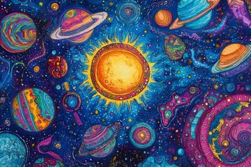 Colorful illustration of a solar system with planets, stars, and celestial bodies, ideal for coloring books or space themed projects