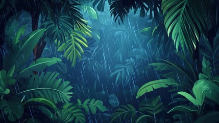 Fototapeta premium Lush tropical rainforest drenched in rain with vibrant foliage and dim light filtering through the trees