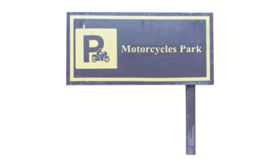 Sign brown aluminum with yellow letters for motorcycle parking area isolated on cut out PNG or transparent background. Organizing traffic and parking in public. Sign with letter P is drawing symbol
