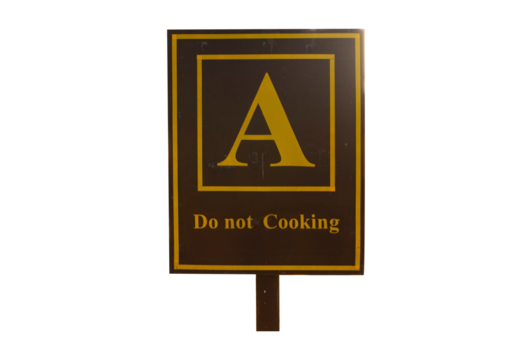 Zone A signs brown aluminum with yellow letters Do not Cooking isolated on white background. Symbol and warning sign in public.