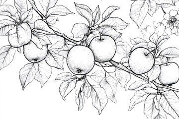 Detailed botanical drawing showcasing a branch of an apple tree, laden with ripe apples and lush leaves, captured in intricate monochrome detail