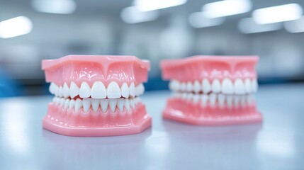 Two dental models showing healthy teeth and gums on a table in a dental clinic.